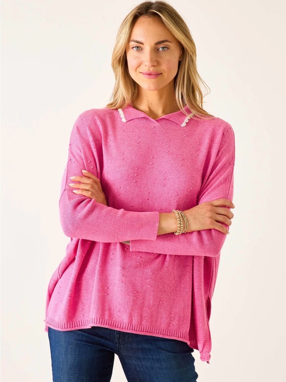 Mersea Catalina Cotton Polo Sweater Pink Scalloped Collar Women’s One Size